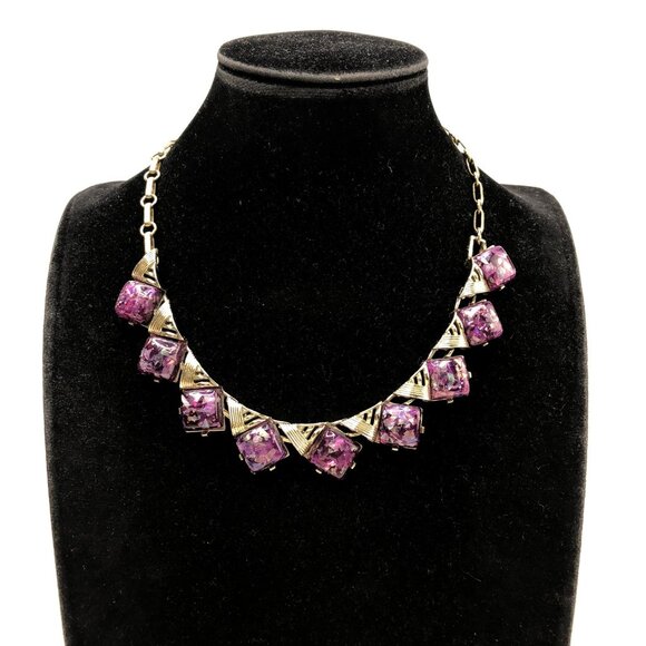 VTG 80s CORO Purple Glitter Stone Silver Necklace 17" Chain Art Deco Luxury Gift - Picture 3 of 8